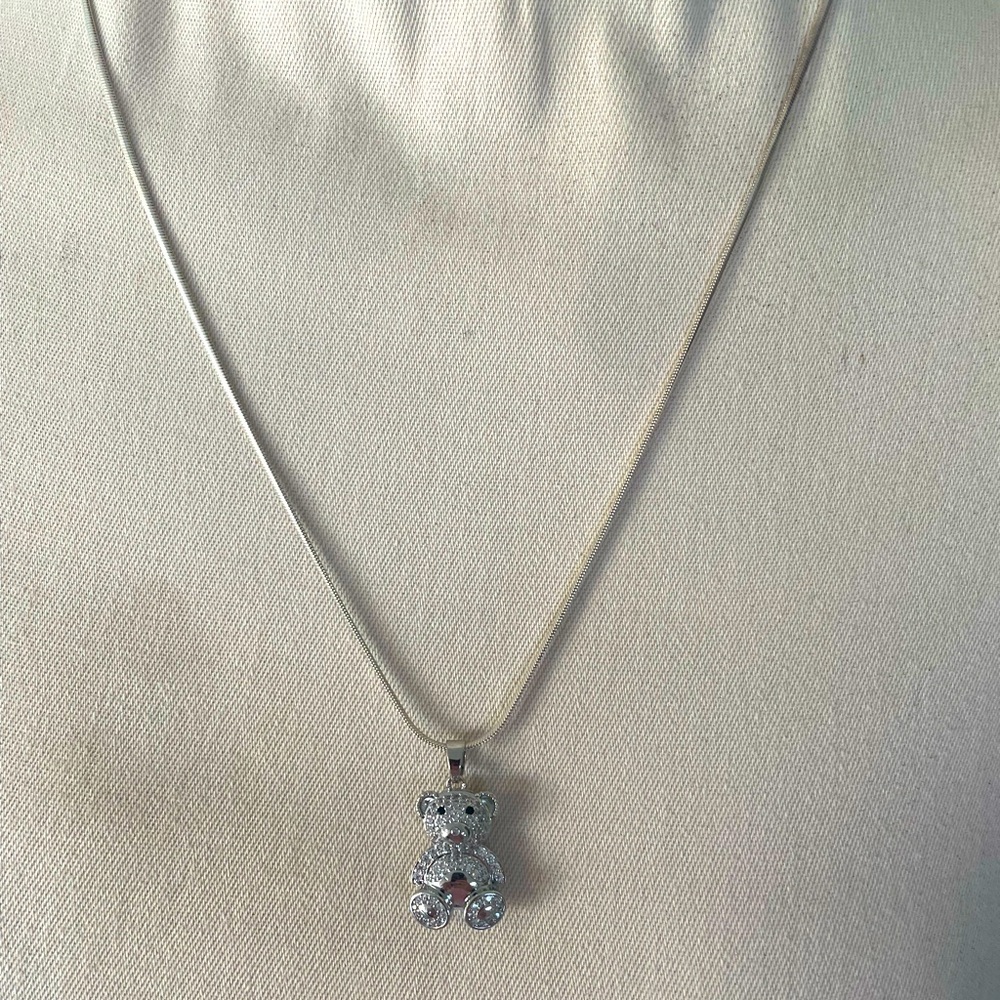 Teddy Bear Necklace CZ Bear on Sterling Silver  Snake Chain 20 in NWT in Box